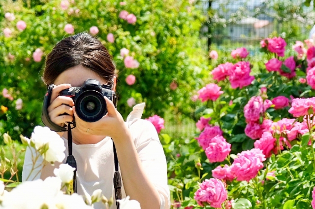 花畑でカメラを構える女性